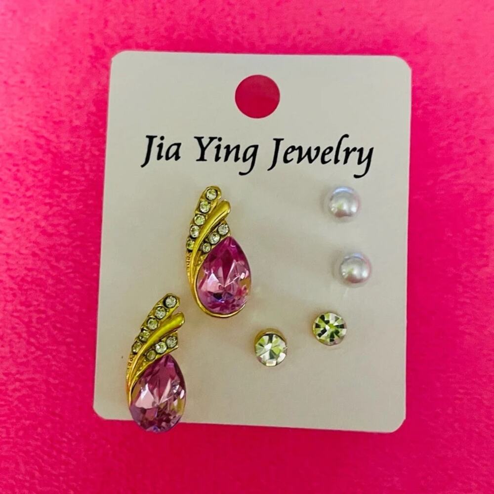 New 3 Pair Set Pretty Feminine Gold Accent Earrings Unknown Gemstones